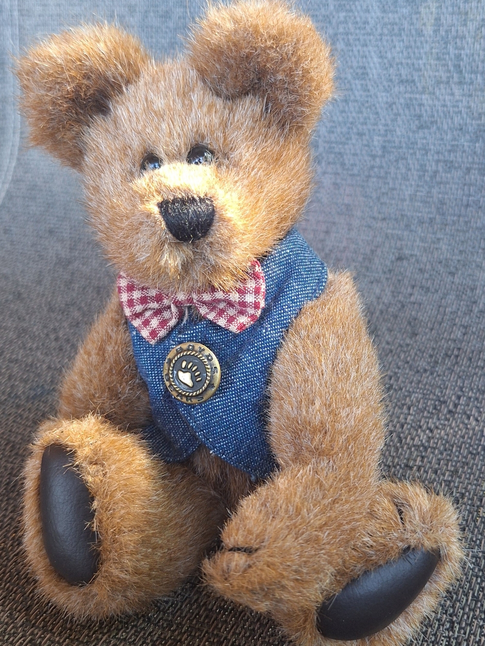 Boyds Bear Brown Plush Teddy Bear with Blue Vest & Checked Bow